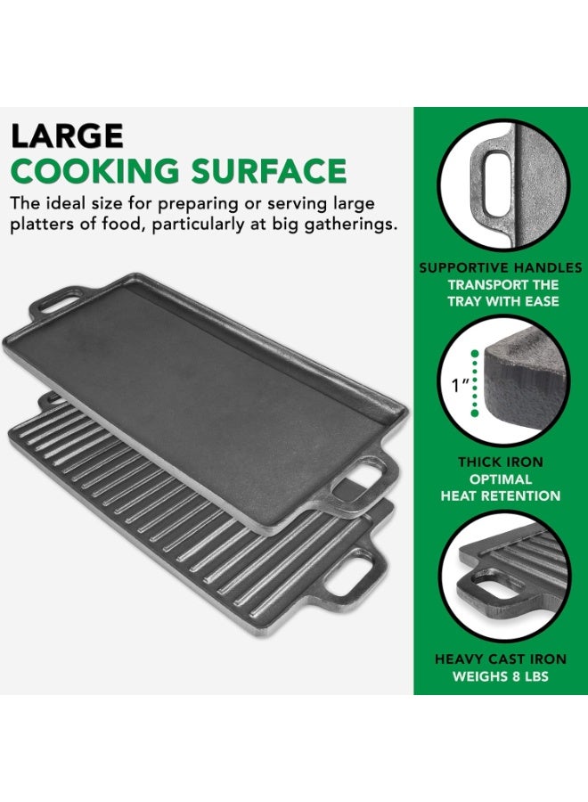 مقلاة من الحديد المطاطي ثنائية الواجهة مزدوجة الوظيفة، بحجم 19.5 بوصة × 9 بوصة، مع مقبض، مُحسنة مسبقًا وغير لاصقة، مناسبة للغاز ومطبخ الفرن والطبخ على النار المباشرة - Image 5